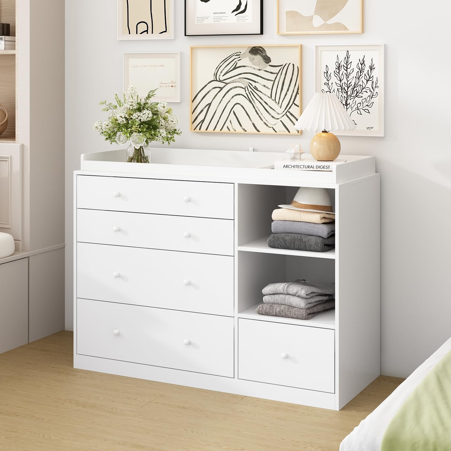 Amazon.com: TAMUNE 5 Drawer Dresser with Open Shelves and Storage Cabinet,  47 Inch White Chest of Drawers for Bedroom, for Living Room, Entryway  47.2”W x 19.7”D x 36.1”H : Home & Kitchen