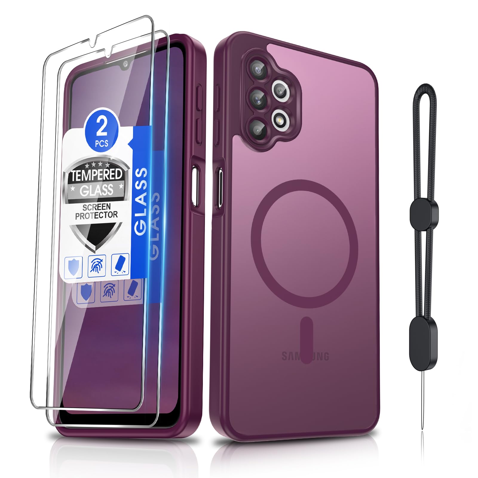 Dizn for Samsung Galaxy A32 Case:[Not Fit 4G],with Tempered Glass Screen Protector,[Fit For MagSafe]Wireless Charging,with Strap,Matte Translucent Cover &amp; Military Grade Protection for A32 5G,Wine Red