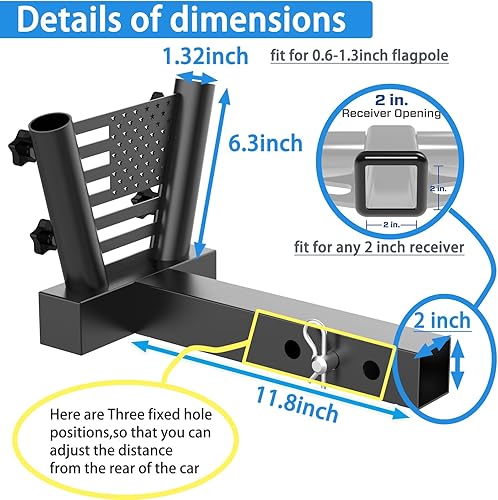 Miniatura 5 de Soporte mejorado para mástil de bandera para camión, soporte de poste de bandera de montaje en enganche para receptor de remolque de 2 pulgadas, kit
