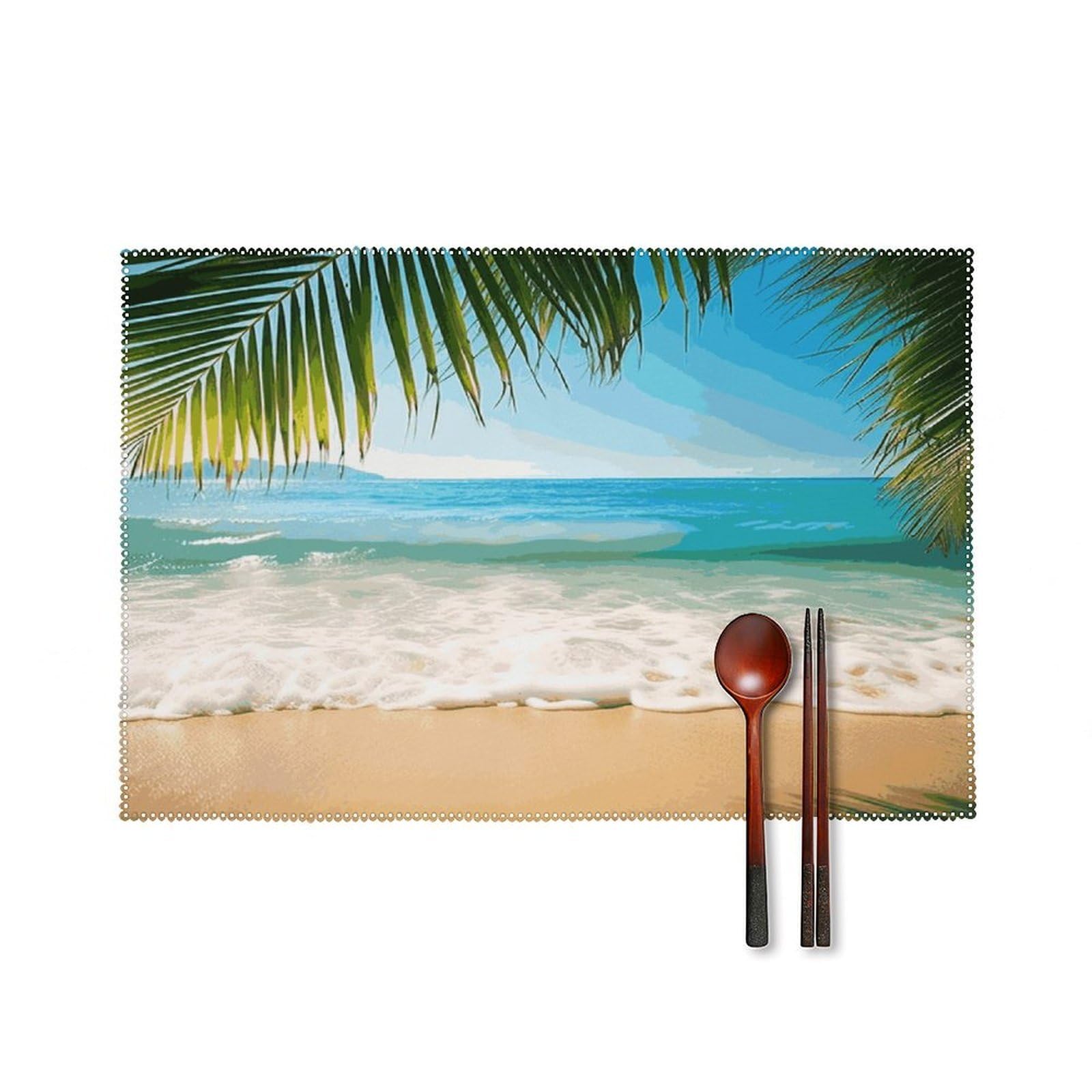 Ocean Sea Beach Palm Leaves Placemats Set of 4 Canvas Place Mats Non-Slip Heat Resistant Table Mats Washable Waterproof Placemat Wipeable Tablemats for Kitchen Dining Decor Place Mat