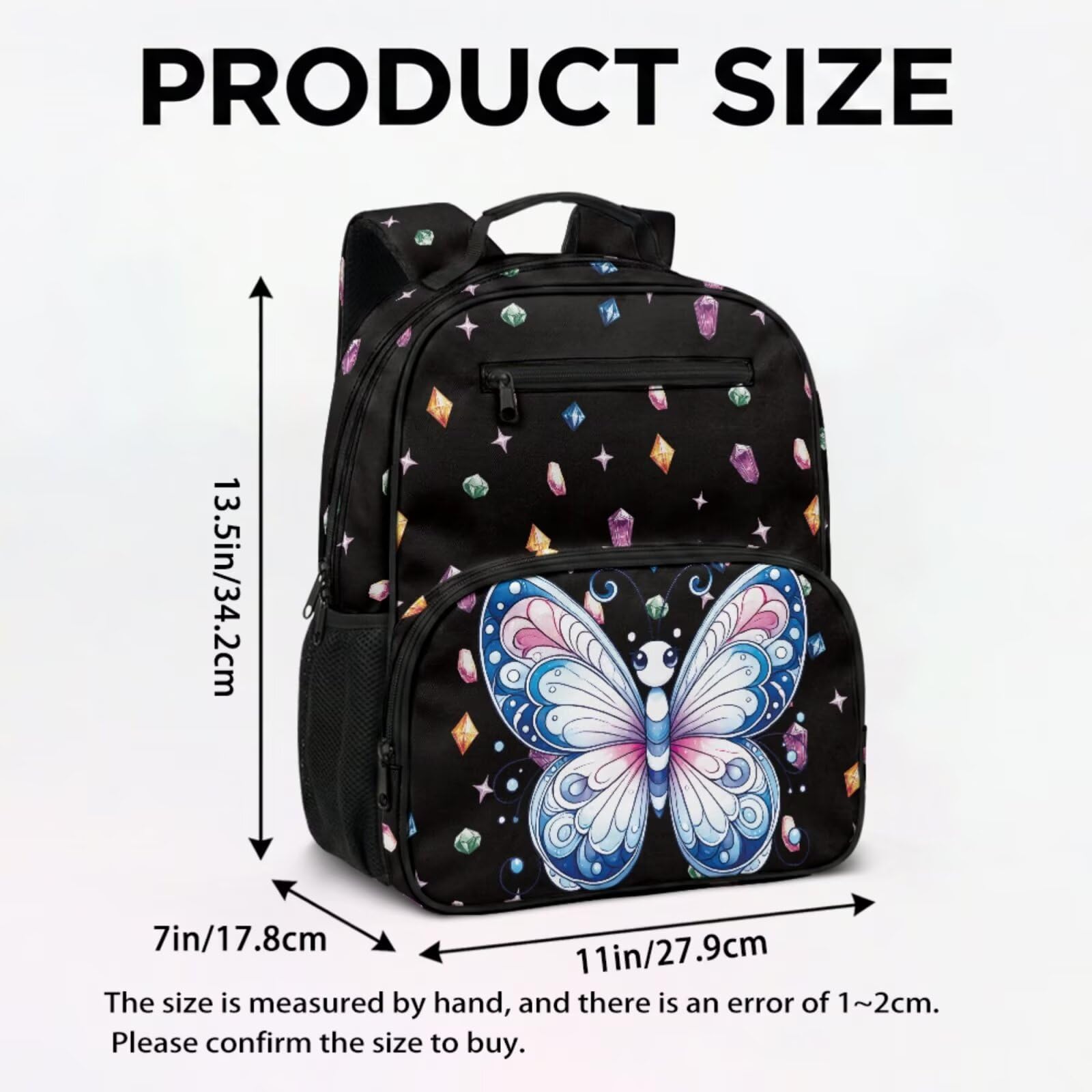 COEQINE Prek - Mochila para niñas con fiambrera, cierre fácil, bolsa de escuela primaria impresa con correas acolchadas, bolsa de pañales transpirable, Mariposa negra gema estrellada, M, Casual