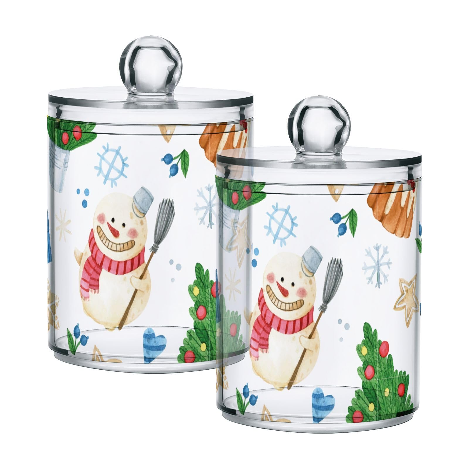 Watercolor-christmas-snowman Restroom Bathroom Organizers with Lid Qtip Holder Dispenser Apothecary Jars Cotton Balls Pads Swabs Holder Jar 4