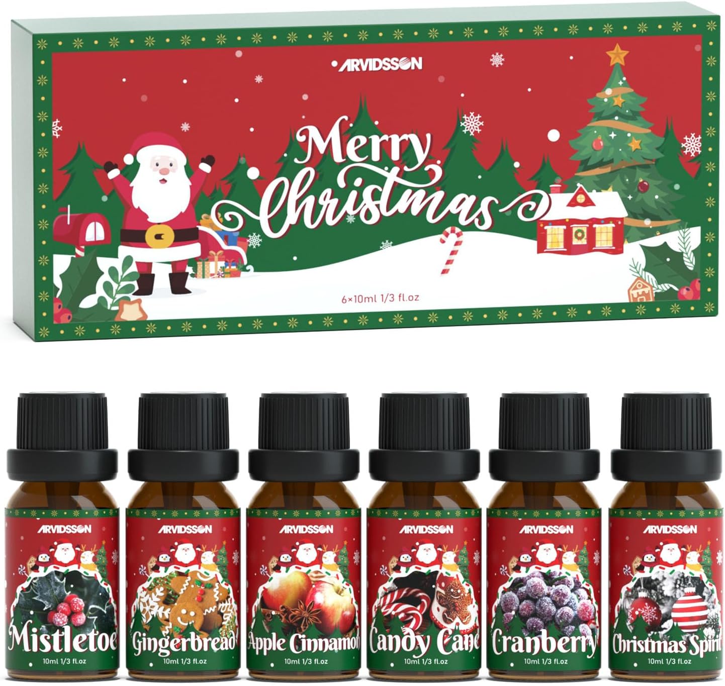 Christmas Fragrance Oil Set, ARVIDSSON Holiday Essential Oils for Diffuser, Mistletoe, Gingerbread, Apple Cinnamon, Candy Cane, Cranberry, Christmas Spirit, Merry Christmas Scented Oil Gift Set