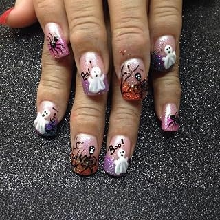 Halloween Press on Nails Short Square Colorful Glitter French Tips Fake Nails Sparkly Boo Skeleton False Nails Cute Ghost Spider Acrylic Full Cover Glue on Nails for Women Halloween Nail Decoration