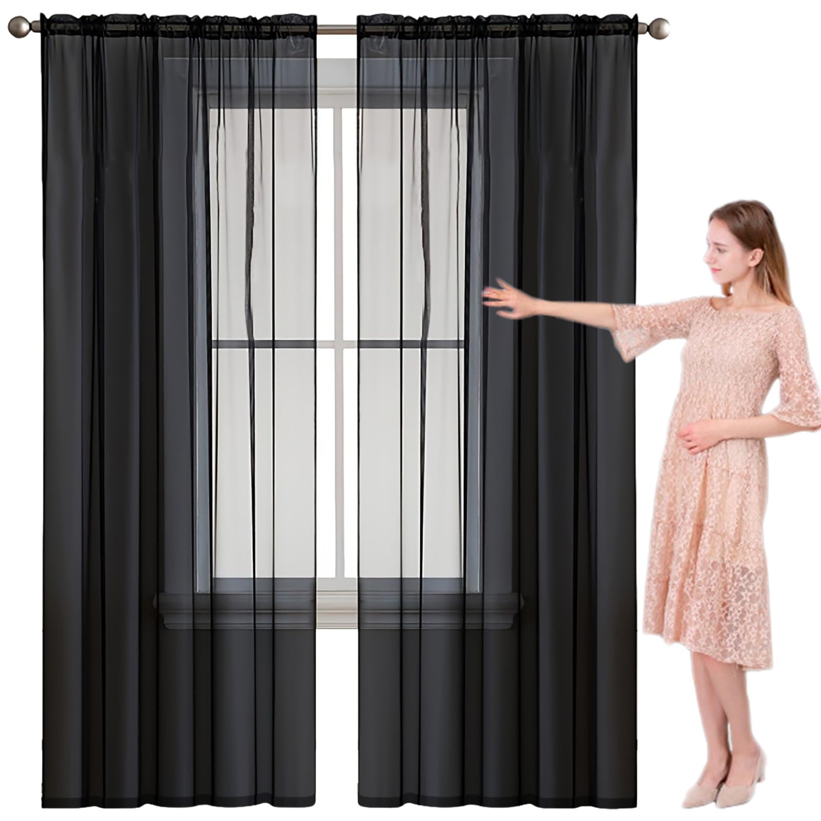 Cortina Corta Ventana 140 x 270 cm para Ventanas Visillos, Cortina Cocina Modernas Translucidas. Cortinas de Lino Visillos Salón 2 Piezas para Habitacion Comedor, Negro