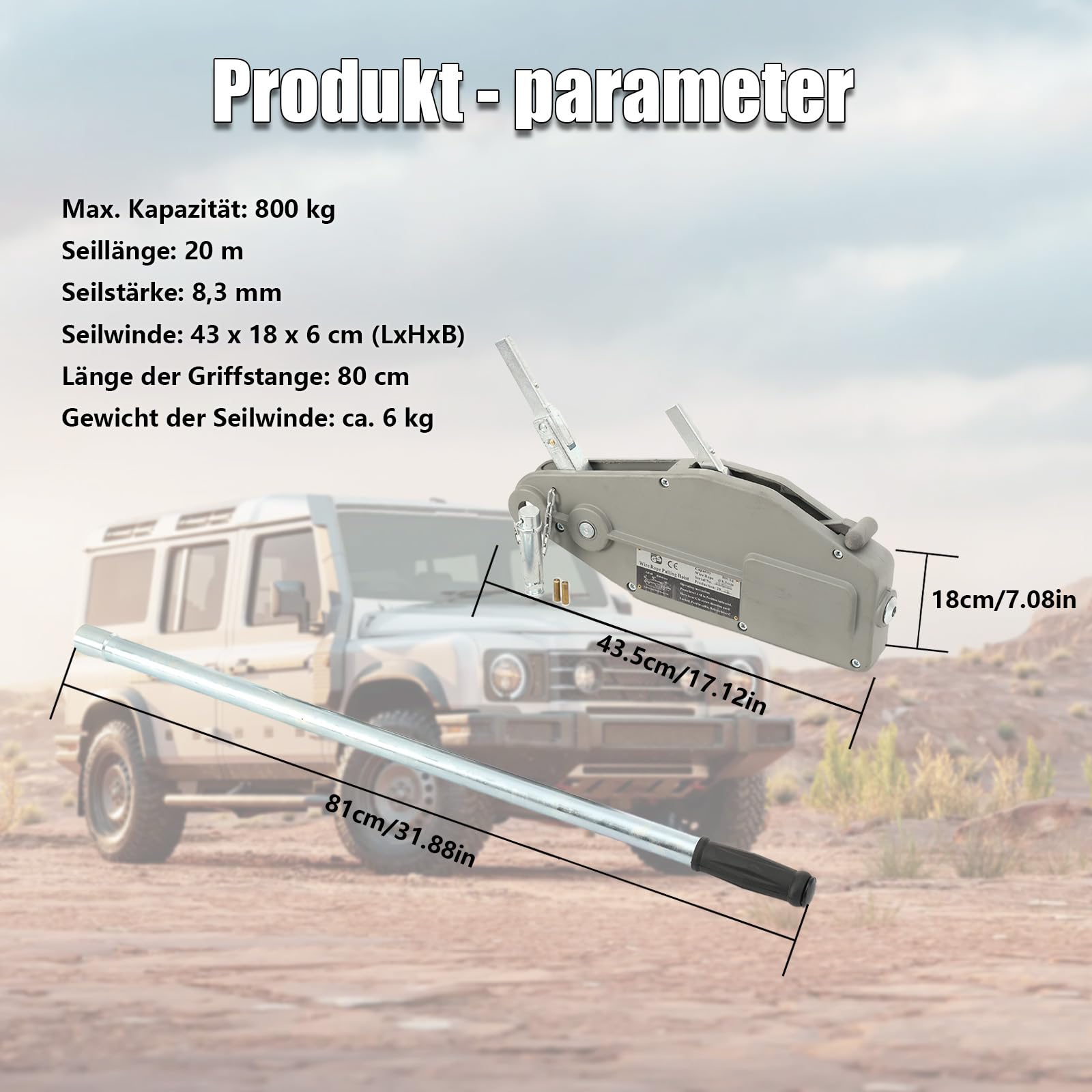Seilzug 800KG Seilwinde mit 20 m Drahtseil, Handseilwinde mit Ø 8.3 mm Stahl-Seil, Greifzug Handseilzug Forstseilwinde mit Abscherstift & Lasthaken für verschiedene Anwendungen, von der Fahrzeugbergun