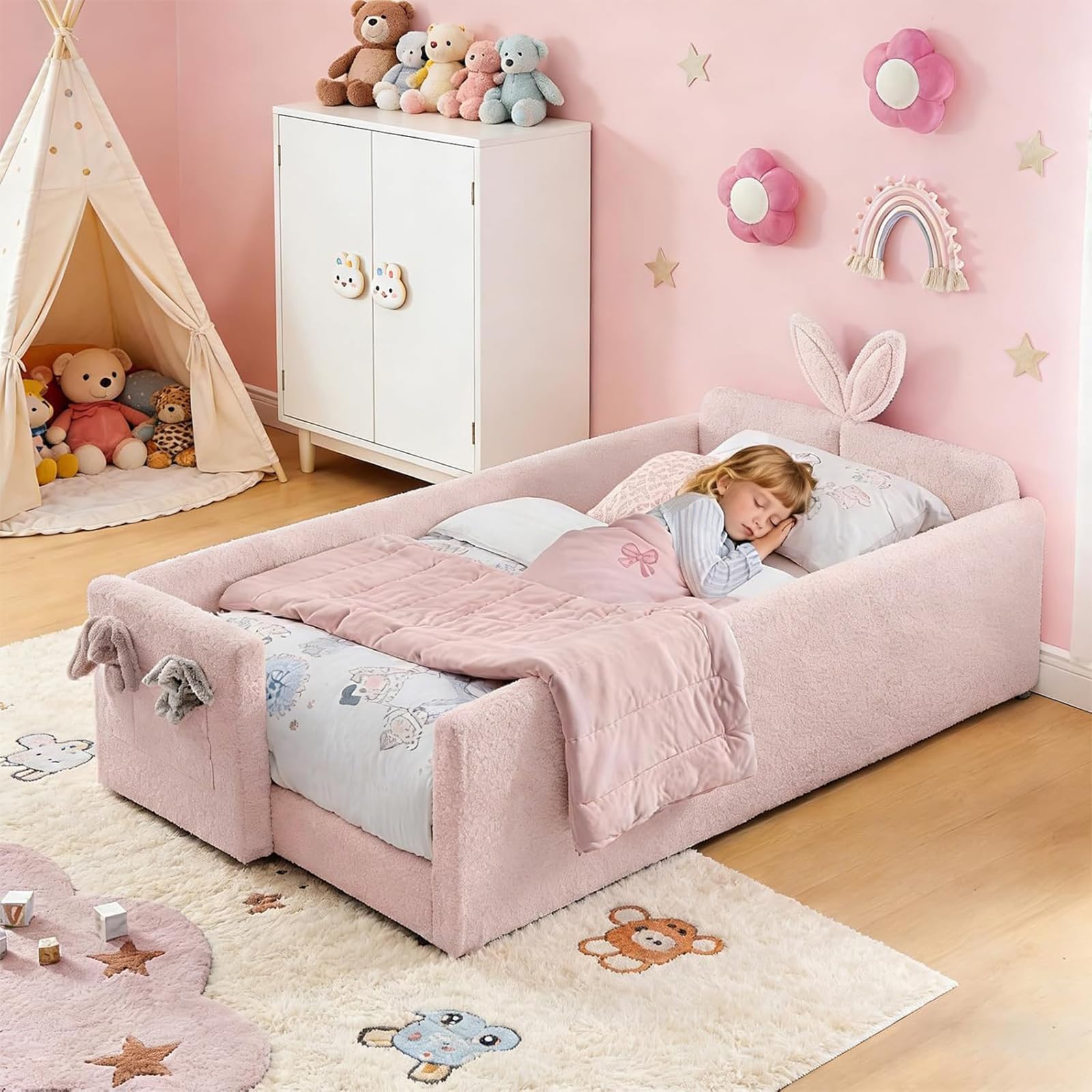 Twin Size Bed Frame for Kids, Upholstered Daybed Frame Floor Bed with Safety Rails and Storage Pocket Cute Rabbit Ear Shaped Headboard for Kids Teens Boys Girls, Pink