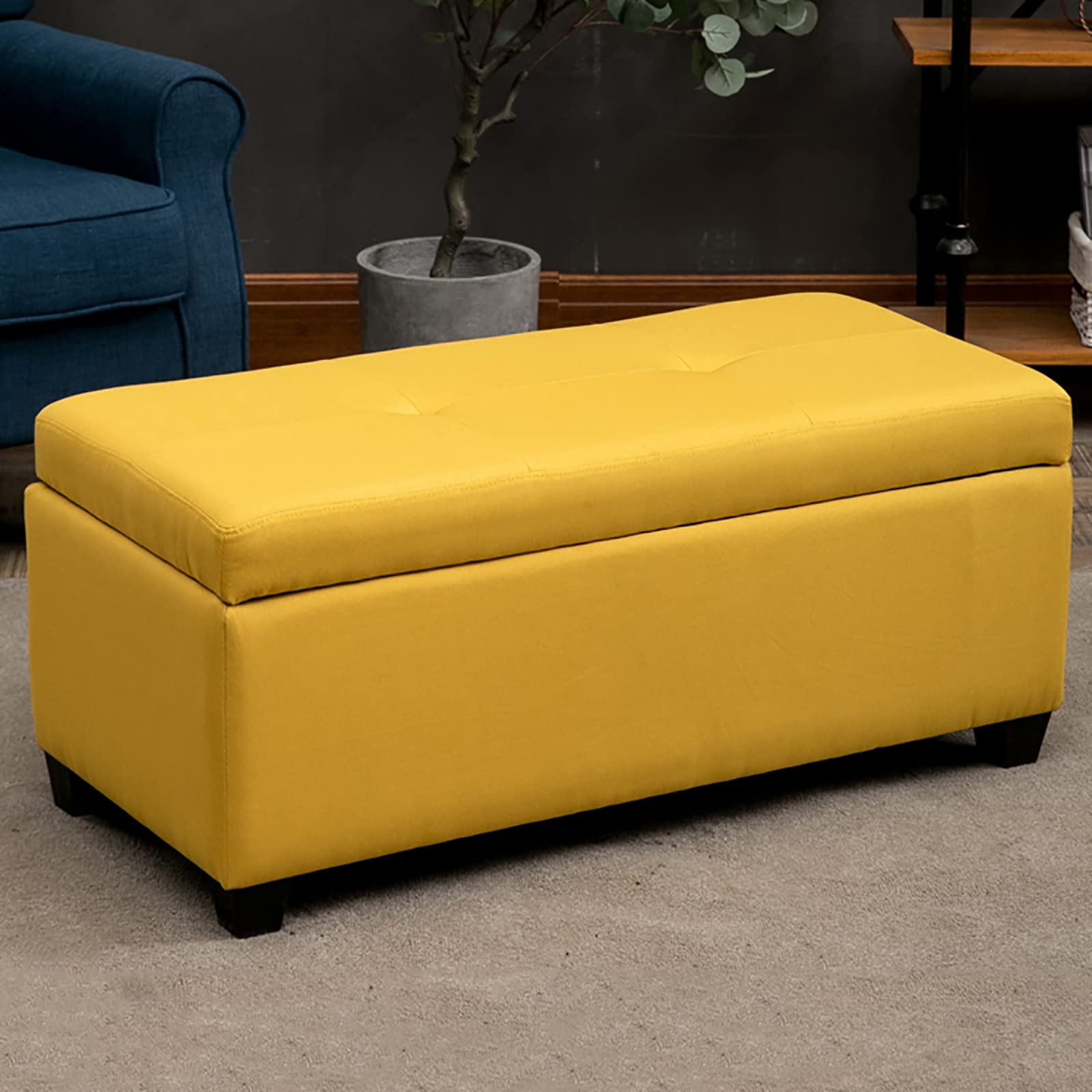 Table basse pour salon pouf coffre de rangement jaune en lin 80 cm