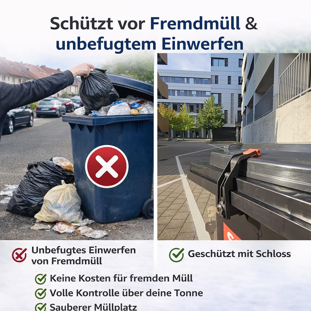 Lucchetto per pattumiera TrashGuard – stabile e chiudibile – montato senza fori – protegge da rifiuti estranei e animali – adatto per bidoni della spazzatura da 60 – 360 l con maniglie laterali del