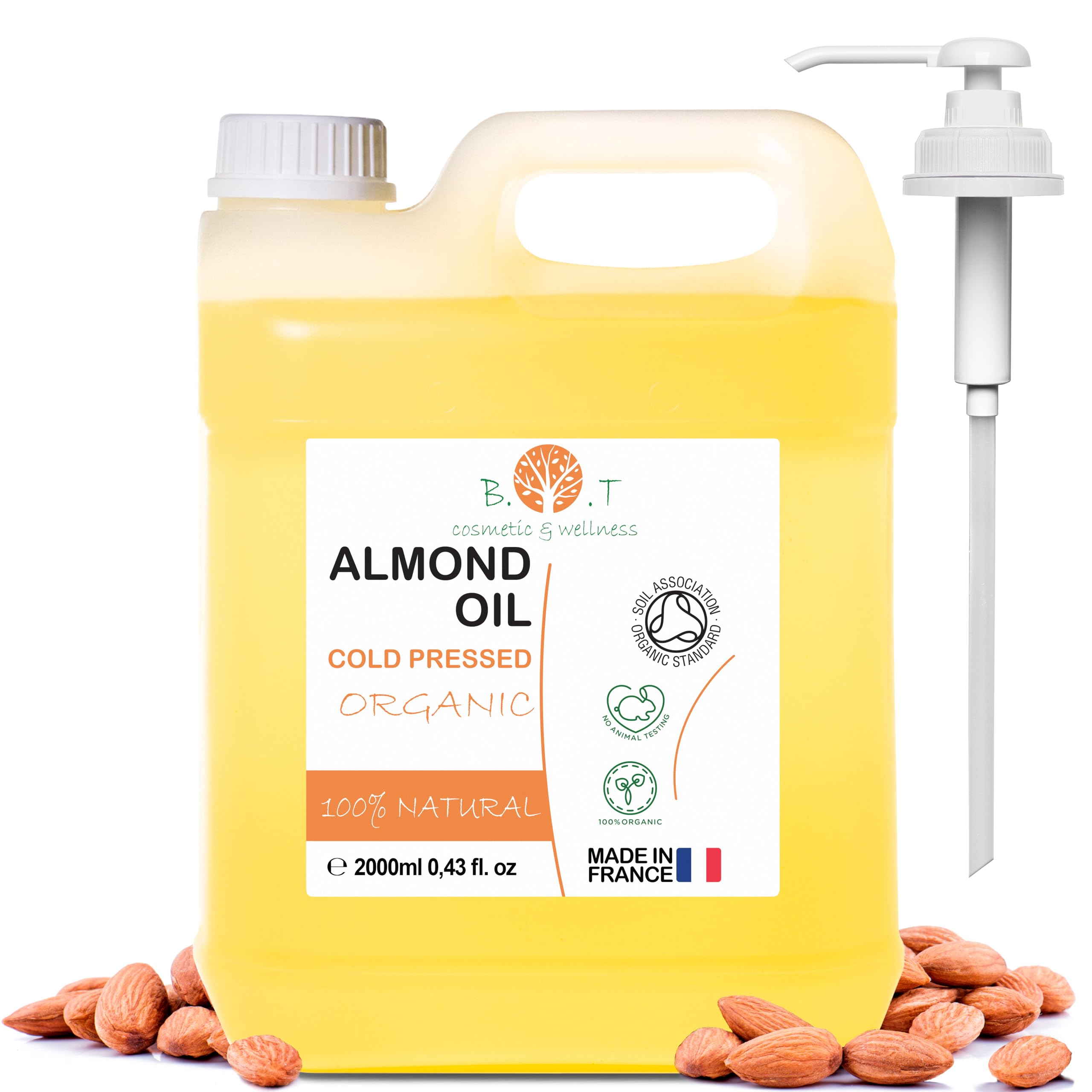 Aceite de Almendras Organico, Prensado en Frio, Puro, Natural. Aceite Masaje Profesional, Aceite Cabello y Pestañas, Hidratante Corporal, Facial Antiedad, Estrias Embarazo 2000 ml