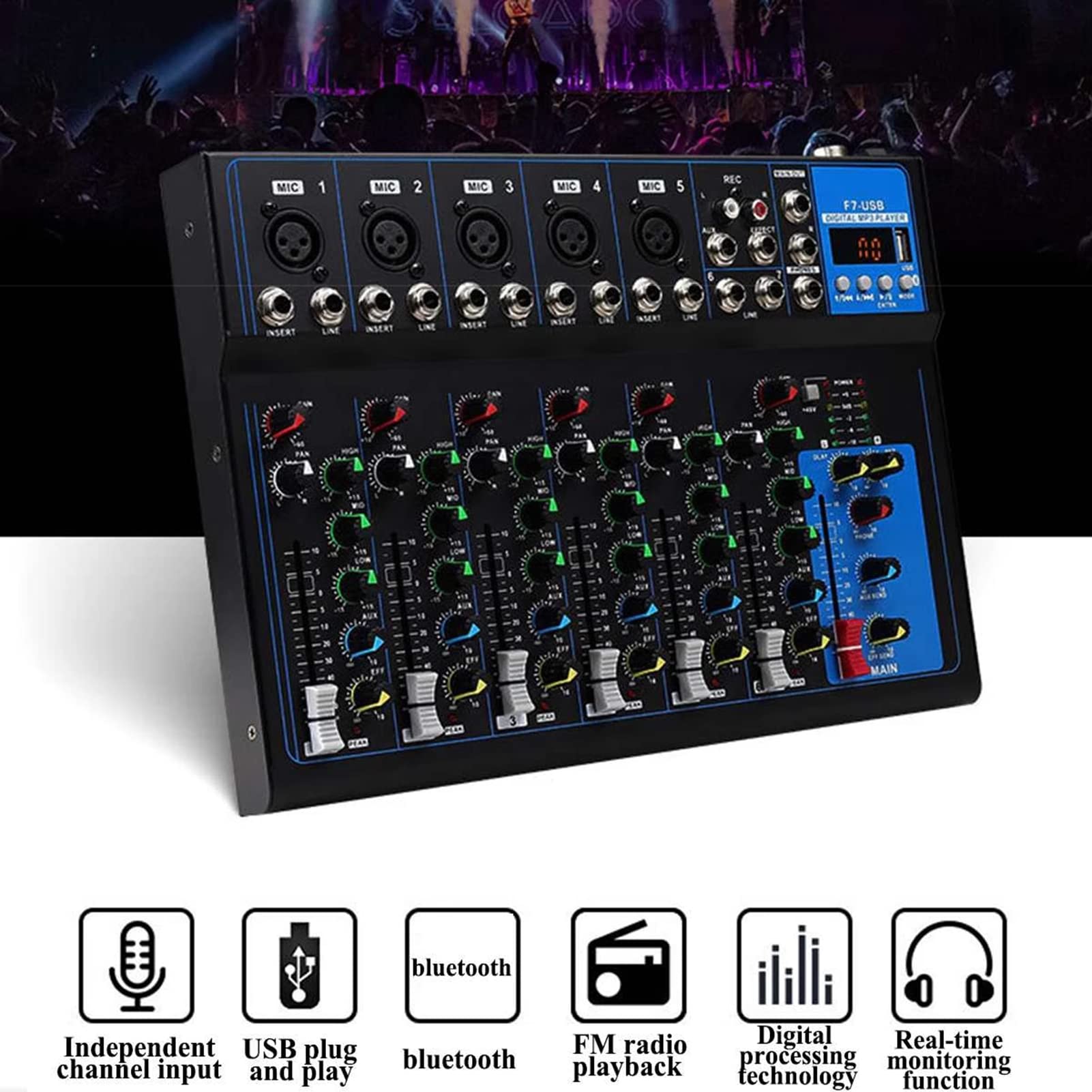 Profesjonalny mikser DJ, cyfrowy wzmacniacz miksera audio 7-kanałowa konsola do miksowania dźwięku stereo Bluetooth USB do nagrywania zespołu domowego na scenie wydajności