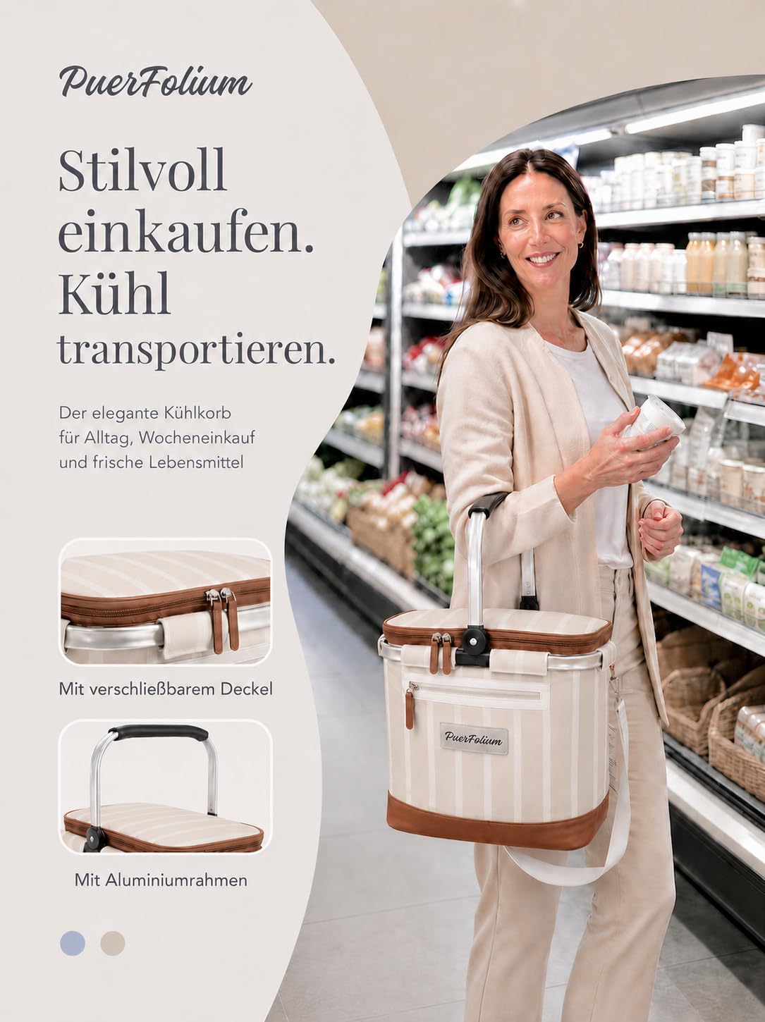 Kühltasche Einkaufskorb Kühlkorb 20L Faltbar Isoliert Thermo mit Deckel Reißverschluss Abnehmbarer Picknickkorb Aluminiumrahmen Thermokorb Schultergurt verstärkt für Einkauf Picknick Beige