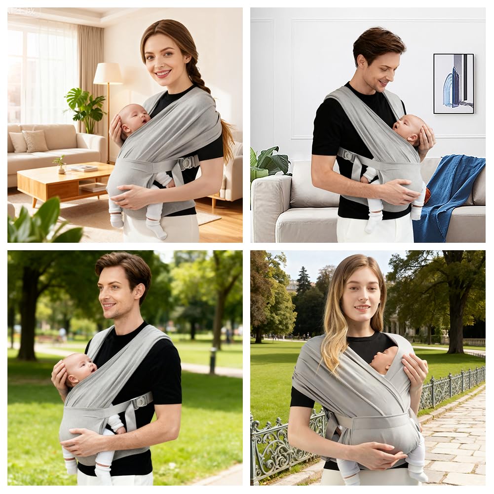AOOWU Babytrage Tragetuch Baby Neugeborene bis 15 kg - Freihändiges Babytragetuch -Einfach Anzuziehen für Mütter und Väter - Babytrage Multi-Use Babywickel Träger(Hellgrau, Schnallenstil)