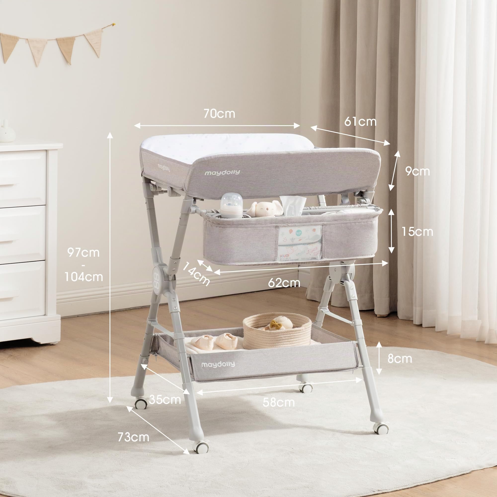 Table à langer pliable et réglable en hauteur Maydolly, table à langer mobile avec roulettes, matelas imperméable facile à nettoyer, commode à langer compacte avec rangements – jusqu’à 15 kg, gris