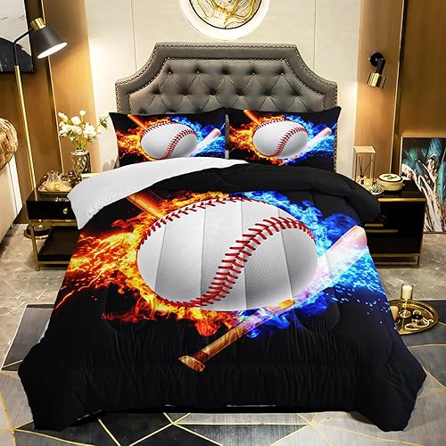 Juego de edredón de béisbol tamaño matrimonial, juego de edredón para niños con fuego y agua, juego de ropa de cama de 3 piezas con 2 fundas de