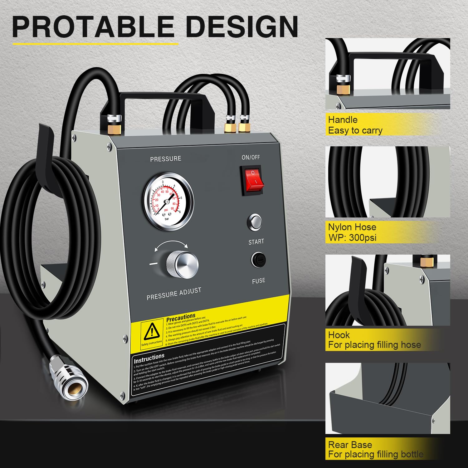 YSTOOL Kit de máquina de purga de freno de pulso eléctrico con 110 V CA y 12 V CC de doble propósito, unidad de purga de embrague, kit adaptador de cilindro maestro, botellas de aceite residual