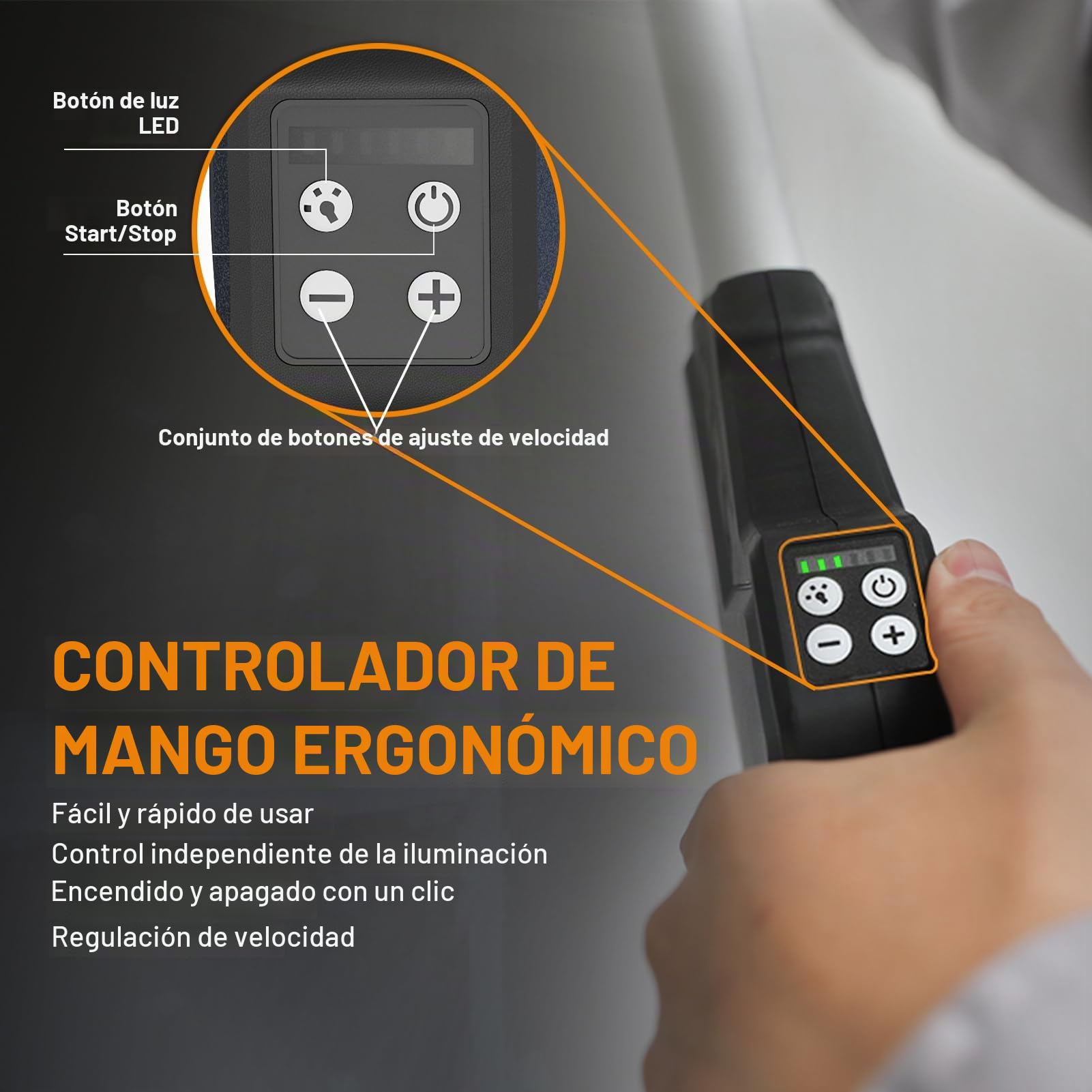 MAXXT Lijadora de Yeso Sin Escobillas - Órbita 4mm, Doble Canal con Adhesión al Techo, Modo Canal Simple/Doble para Paredes, 4000-8500 RPM, Luz LED, Plegable, 400W, Mango 1,65M, Plato 215mm