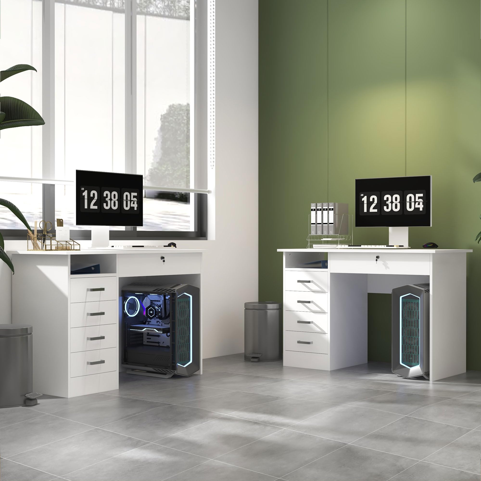 HOMCOM Scrivania Moderna con 5 Cassetti per Ufficio 110x50x76cm Bianco | Scomparto Aperto, Scrivania per Studio, Serratura con 2 Chiavi