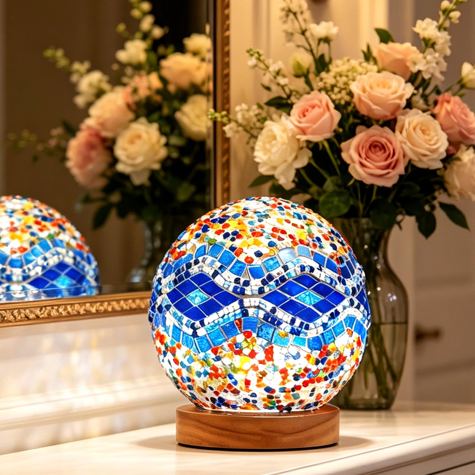 shulovehua Vintage Turkish Table Lamp Mosaic Glass Light with Wooden Base 5V USB Power Tiffany Bedside Lamps for Living Room Decoration Meditation and Prayer Lighting (Baroque A - Blue, Baroque)