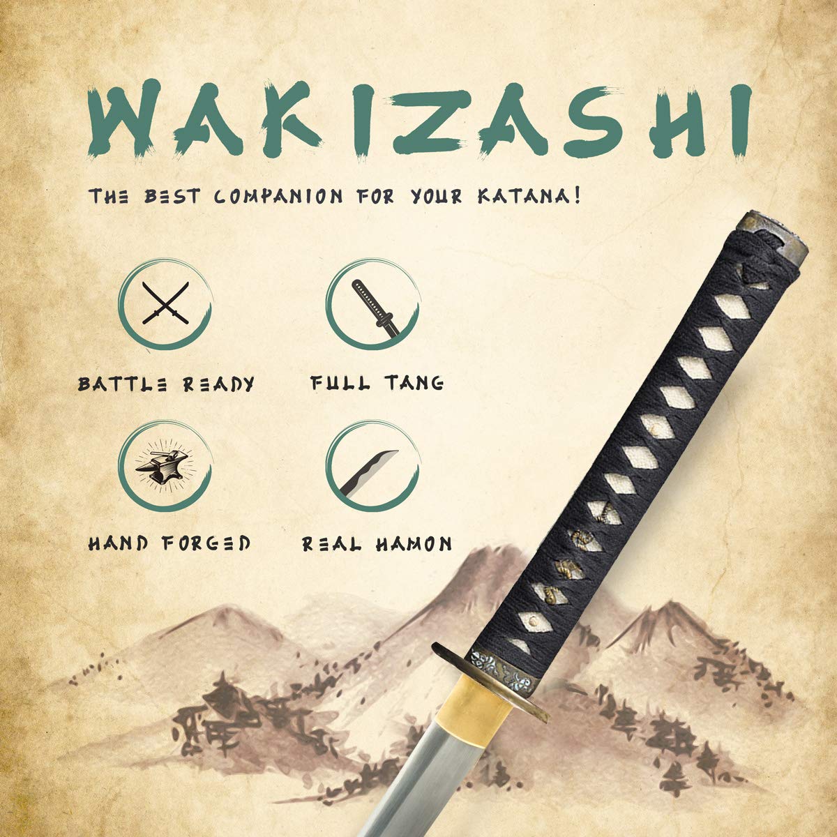 Handmade Sword - Fully Functional Samurai Wakizashi Sword, 1045 Carbon Steel, Hand Forged Heat Tempered, Full Tang, Sharp, Brass Musashi Tsuba, Black Scabbard