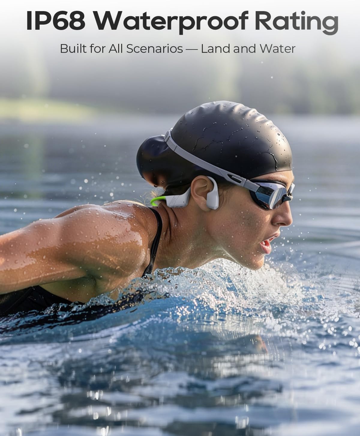 aigo GS08MAX Bone Conduction Headphones, IP68 Waterproof for Swimming Hybrid Bone Air Conduction Earbuds with 32GB MP3, Bluetooth 6.0 Wireless Open-Ear Headphones, 8H Battery, 25g Lightweight, Green