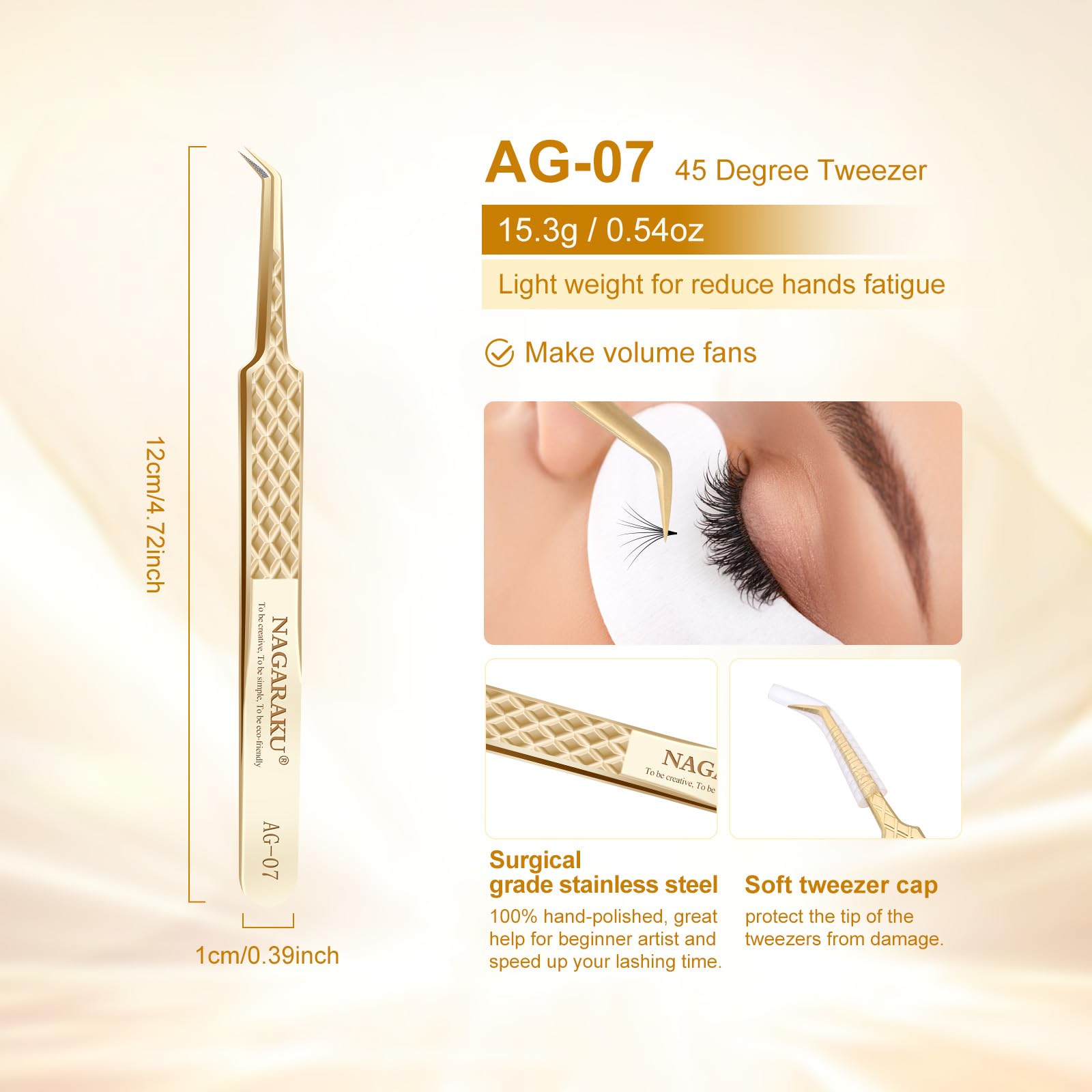 NAGARAKU Precision Fiber Tip Tweezer for Eyelash Extensions Diamond Grip Anti-Static Anti-Slip Premium Gold Stainless Steel Curved Volume Eyelashes Tweezers Supplies with Box(45 Degree Tweezer AG-07) - Image 2