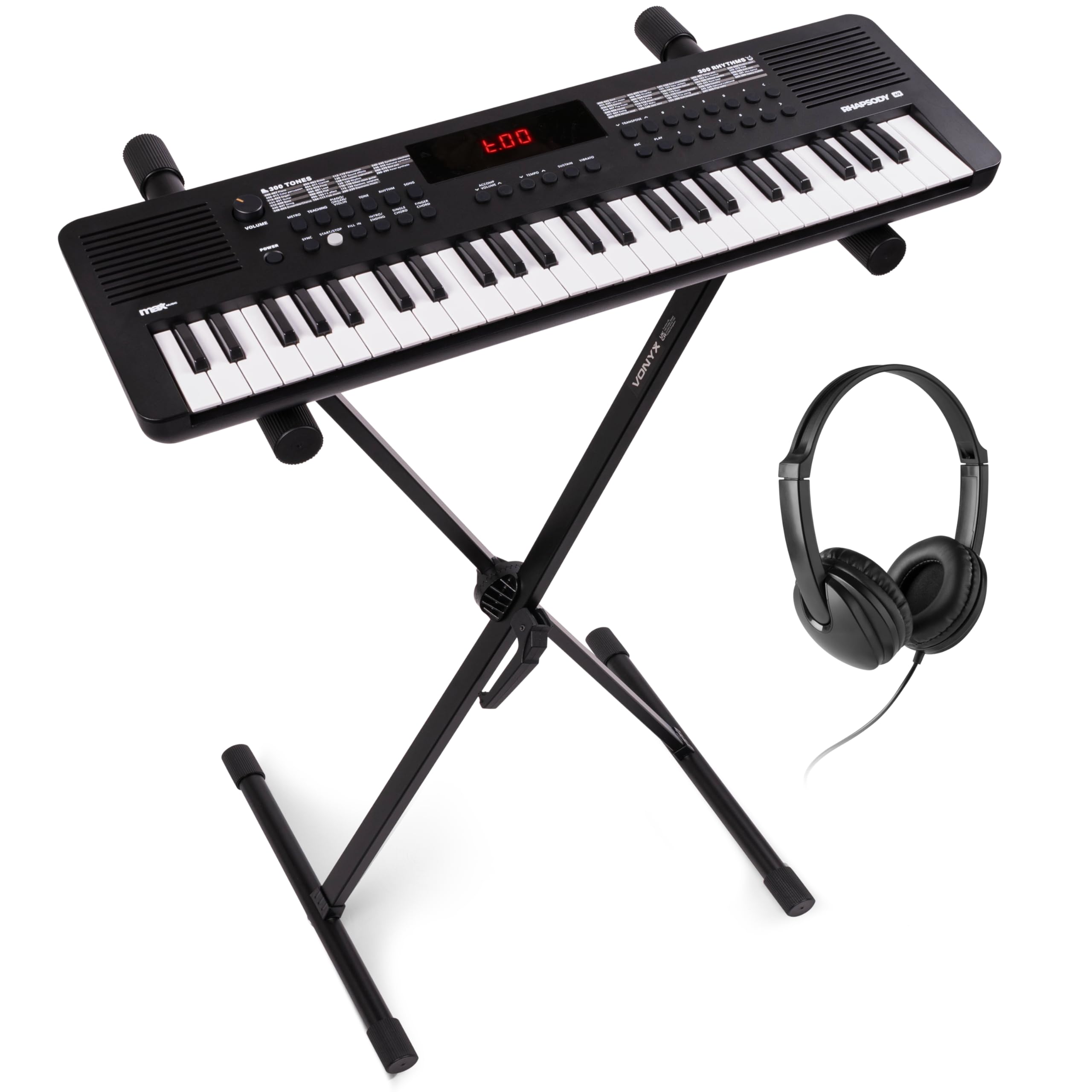 MAX Rhapsody49 Midi Keyboard Piano, piano eléctrico para principiantes de 49 teclas con altavoz, auriculares y soporte, pantalla LED, 80 canciones de demo, función de aprendizaje, 300 sonidos y USB-Cs