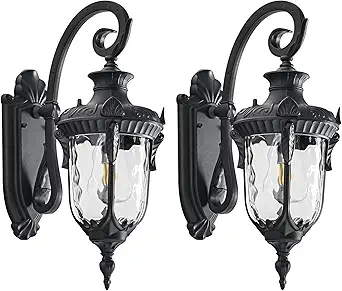 Outdoor Wall Lights, Waterproof Aluminum Porch Wall Light for Outside House, Patio, Yard, Garden, Black Gooseneck Exterior Wall Sconce, Hardwired Outdoor Acorn Shape Lantern, Water Ripple Glass, 2pack