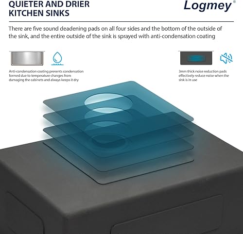 Vista 225 de Logmey Fregadero de cocina negro de 33 x 22 pulgadas, estación de trabajo SUS304, calibre 16, acero inoxidable, cuenco individual, montaje superior