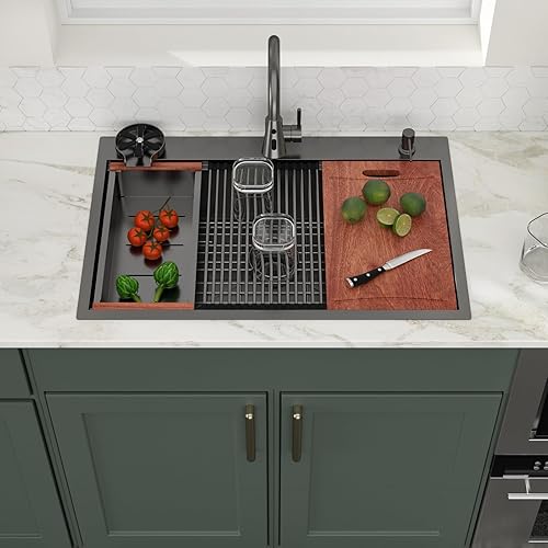 Vista 142 de Logmey Fregadero de cocina negro de 33 x 22 pulgadas, estación de trabajo SUS304, calibre 16, acero inoxidable, cuenco individual, montaje superior