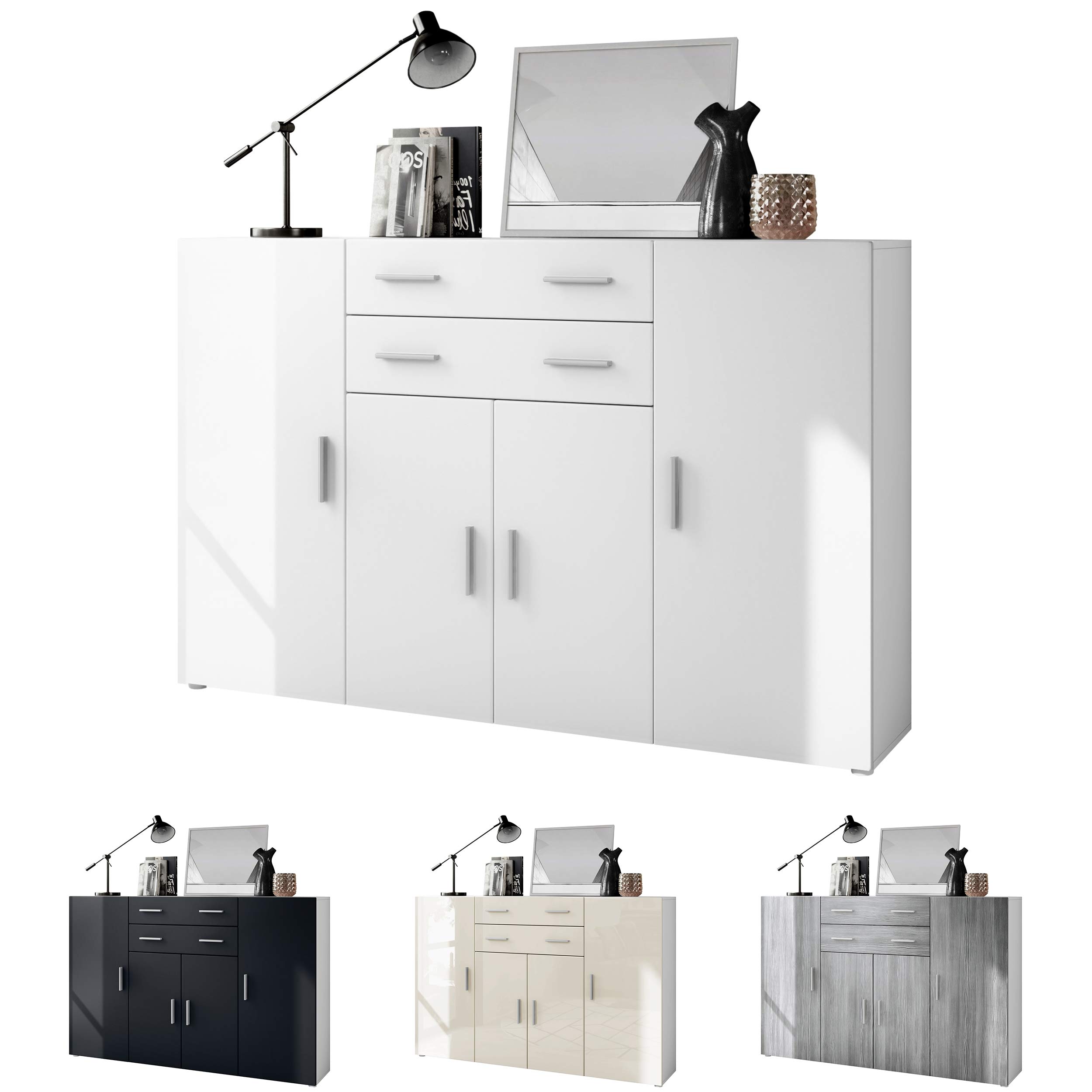 Vladon Highboard Aron Anrichte mit 2 Schubladen und 4 Türen mit insgesamt 8 Fächer dahinter, Weiß matt/Weiß Hochglanz (166,5 x 106,5 x 35 cm)