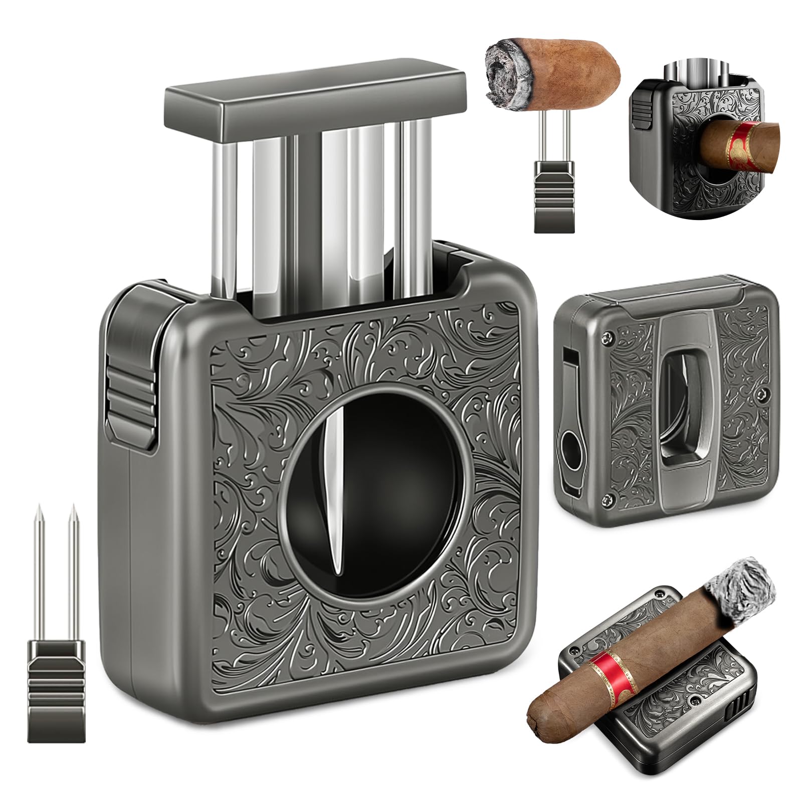 CLZOONG V Cut Cigar Cutter 4 in 1 Multi-Functional with Cigar Punch, Twin Needle and Holder, Stainless Steel Retro Sharp Cigar Accessories, Gift Box Packaging (Black)