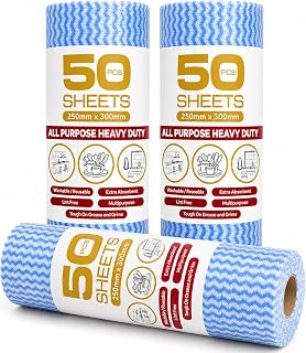 Al Fajr Reusable Cleaning Cloths - 3 Rolls (150 Sheets), 25×30 cm, Blue | Multipurpose Kitchen Towels, Disposable Cleaning Wipes, Non-Woven Dish Cloths, Household Wiping Rags