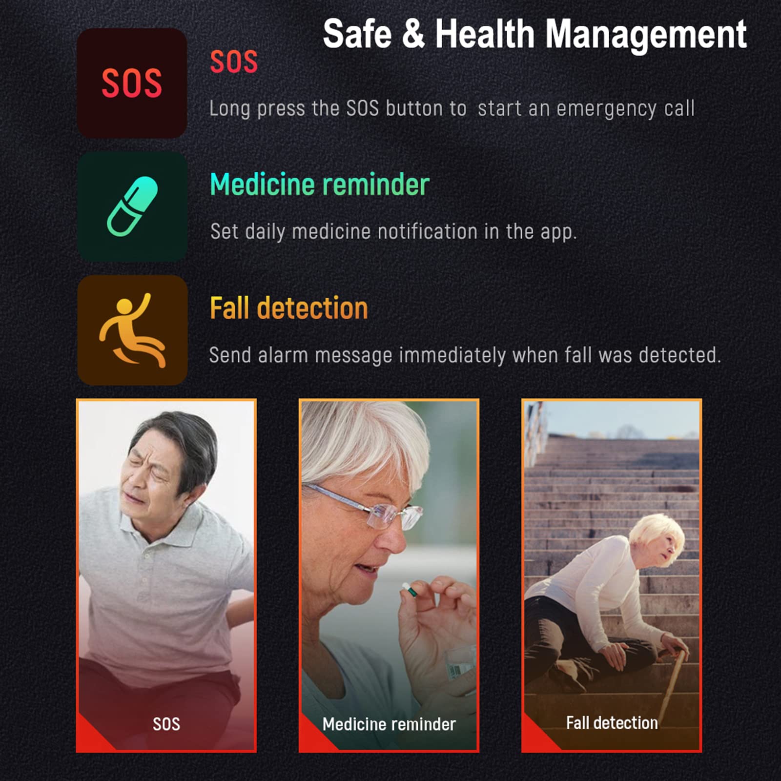 Smartwatch Per Rilevamento Caduta Anziani, Dispositivi Di Allarme Caduta Per Anziani, Con Chiamata Di Emergenza SOS Videochiamata HD Orologio GPS Per Demenza Alzheimer,Black