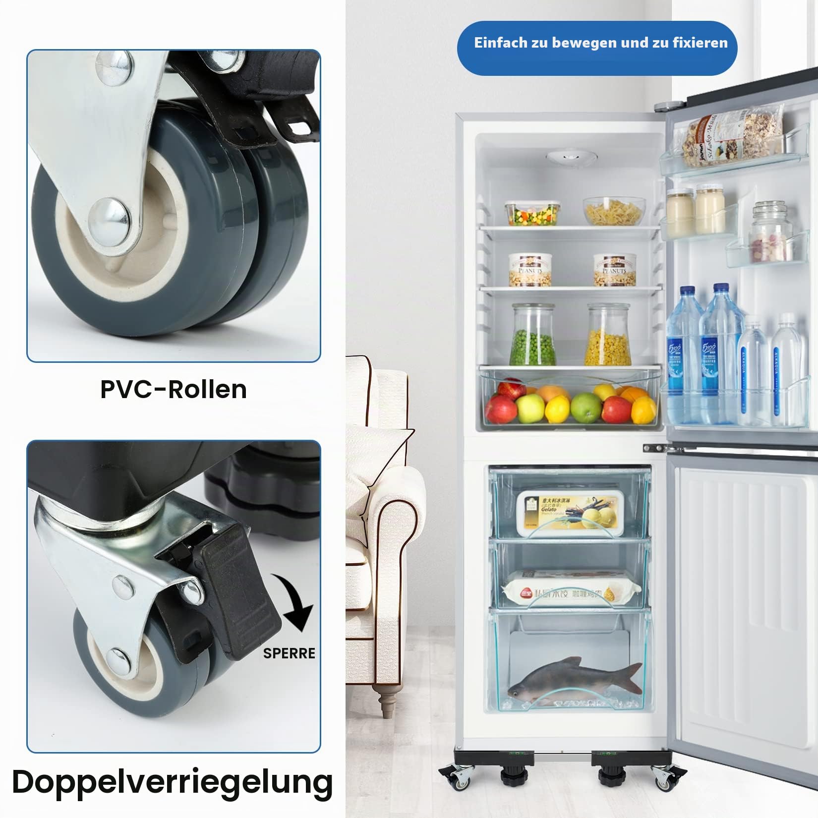 W B D WEIBIDA Waschmaschinen Untergestell mit 8 Gepolsterten und 4 Feststellbaren Rollen,Tragfähig 300KG Untergestell für Waschmaschine, Verstellbare Breite 40-62cm,Höhe 11-12.5cm Waschmaschinensockel