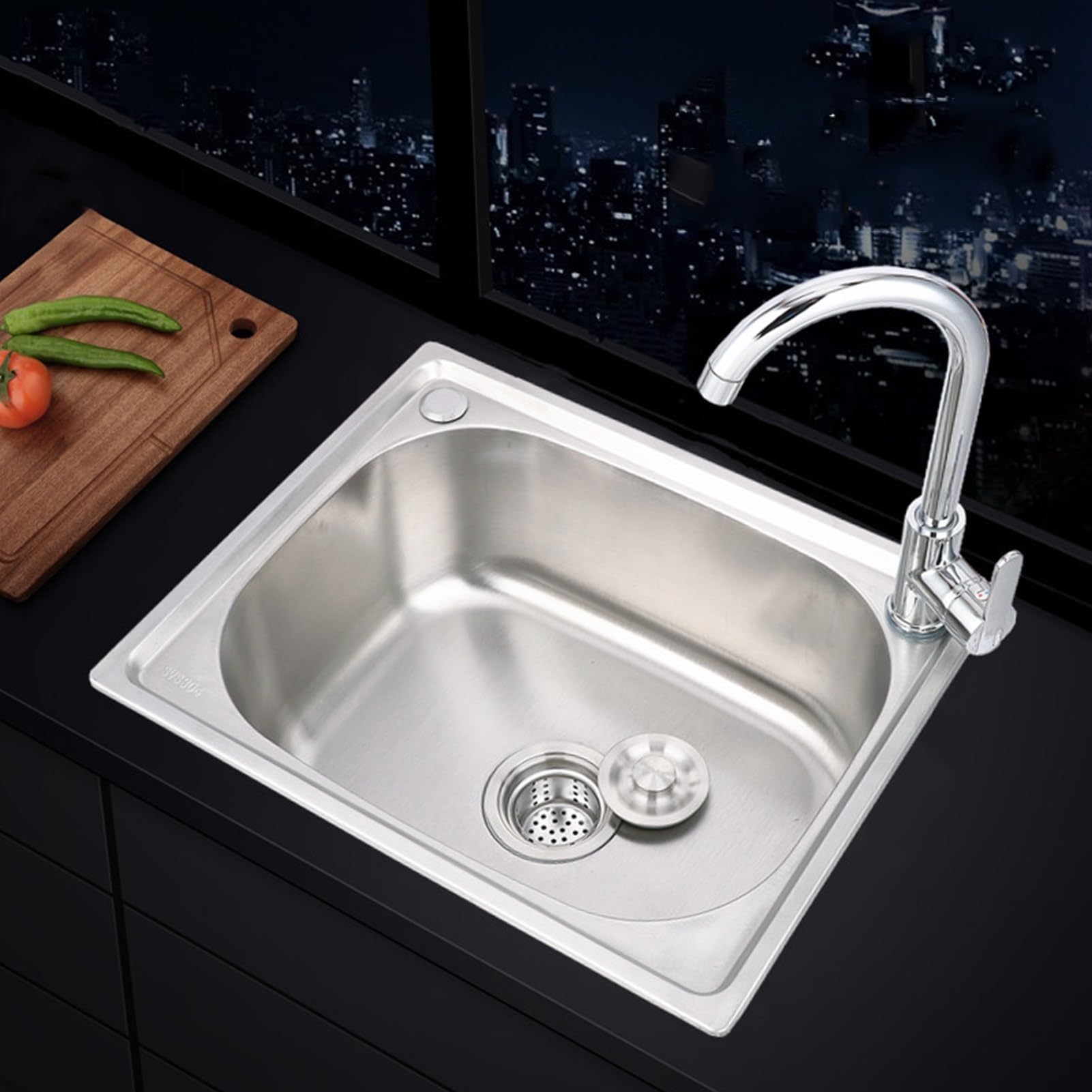 SDdPulse Lavello da cucina in acciaio inox - Lavabo a vasca singola montato sulla parte superiore con rubinetto dell'acqua calda e fredda, filtro di scarico e tubi di ingresso, monocolore, 42 x 38 cm