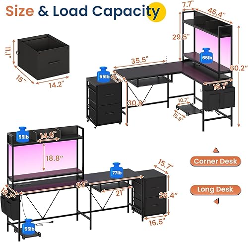 Miniatura 8 de VIGKOOK Escritorio para juegos en forma de L con estantes, escritorios reversibles de oficina en casa de 55 pulgadas con toma de corriente, tira LED