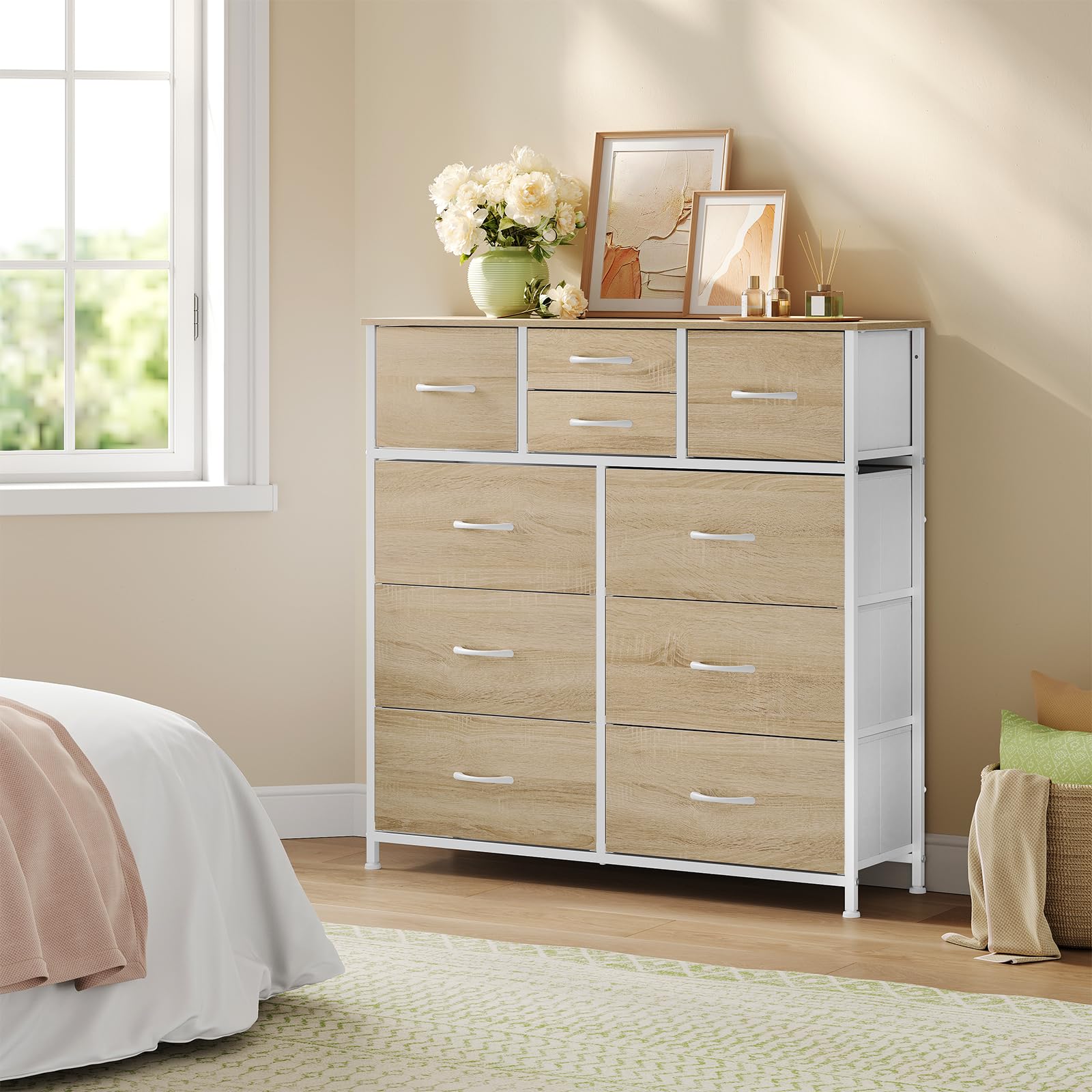 WOLTU Cajonera de Tela, Cómoda Dormitorio de Tela, Unidad de Almacenaje con 10 Cajones, para Recibidor y Salon, Estructura de Metal Resistente, Roble Claro+Blanco, SSK009whe