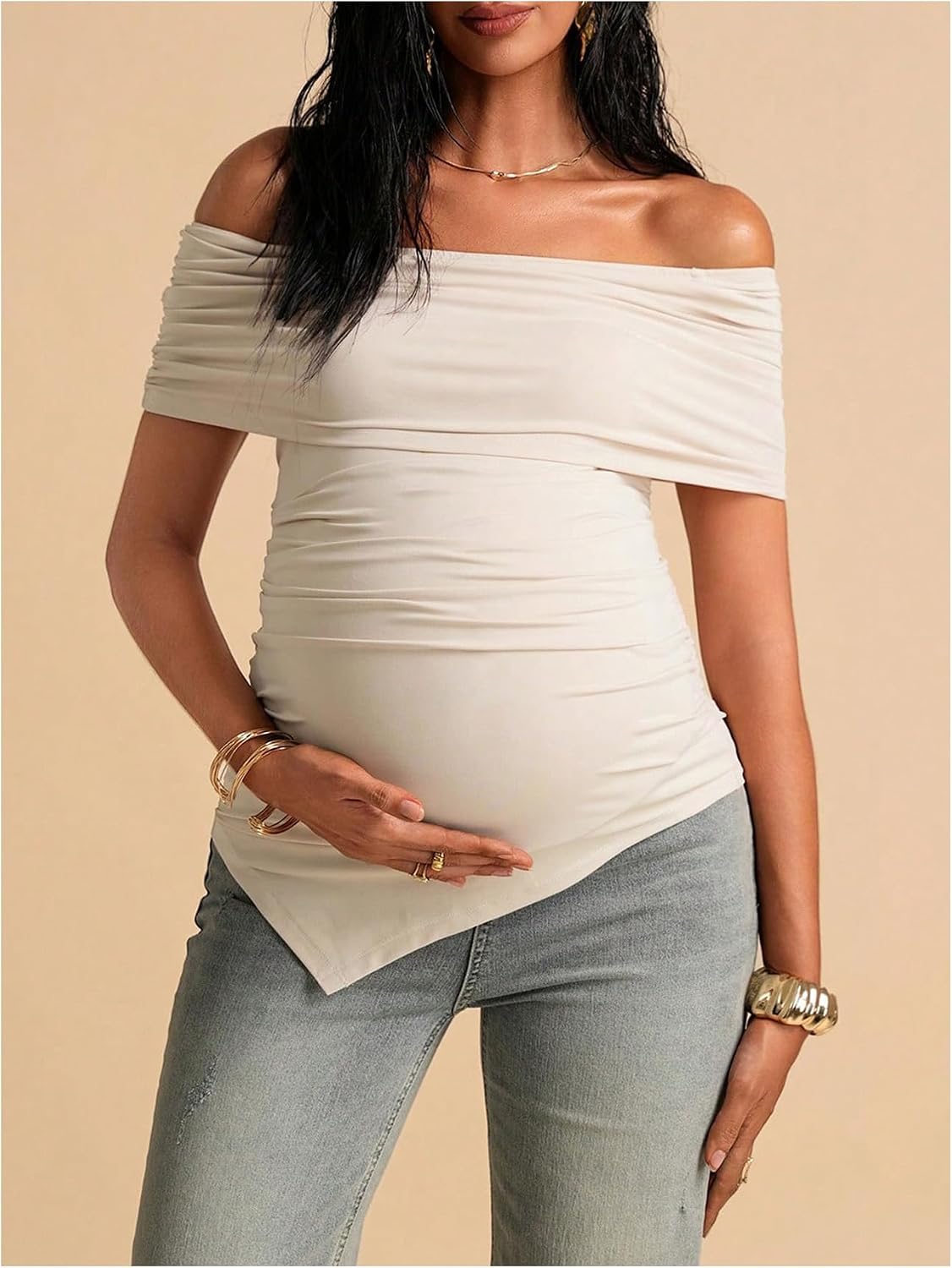 MakeMeChic Women's Maternity Summer Clothes Off The Shoulder Tops Short Sleeve Asymmetrical Pregnancy Tops