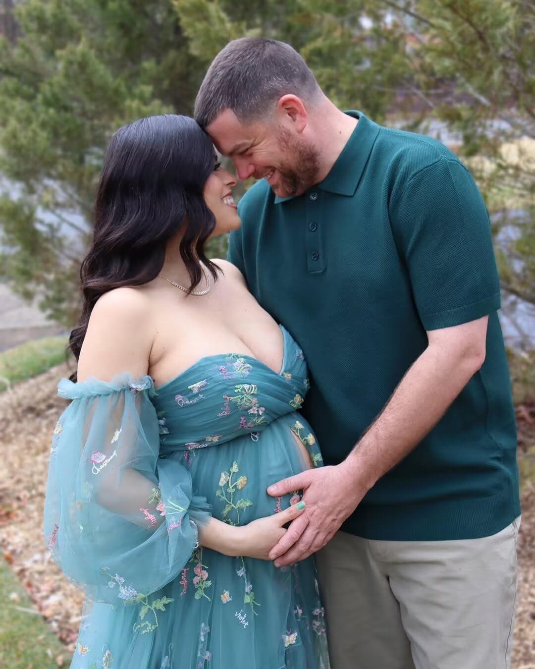 yinyyinhs Flower Embroidery Tulle Maternity Dresses for Photoshoot Long Puffy Sleeve Off Shoulder Pregnancy Baby Shower Dress