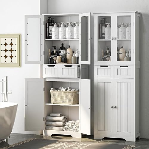 Miniatura 6 de Betterhood Armario de Almacenamiento de Baño de 67 Pulgadas de Alto, Gabinete de Ropa Blanca Independiente con Puertas de Vidrio y Estantes, Armario