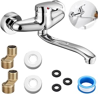 360° Drehbar Wasserhahn Küche Wandarmatur 24cm, Einhebelmischer Kalt/Heiß, Waschbeckenarmatur, Mischbatterie Küche, Wasserhahn Wandmontage, Waschbecken Armaturen