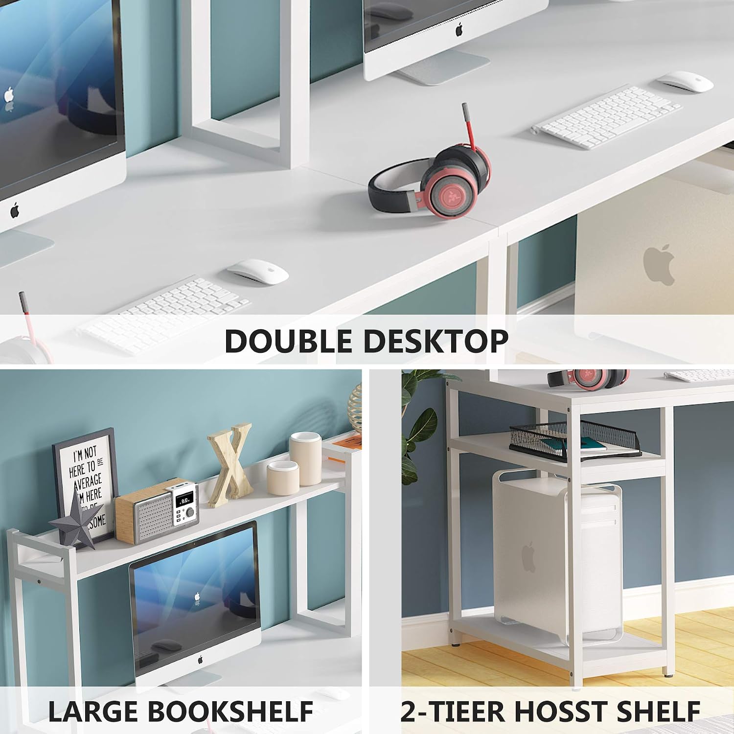 Tribesigns 94.5 inches White Computer Desk with Hutch, Extra Long Two Person Desk with Storage Shelves, Double Workstation Office Desk Table Study Writing Desk for Home Office, (White)