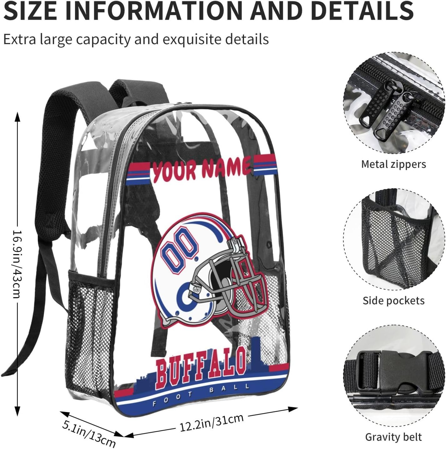 Custom Buffalo Backpack Personalized Clear Backpack With Name And Number，Large Capacity Transparent Laptop Bag Football Style Casual Daypack Gifts For Men Women Fans