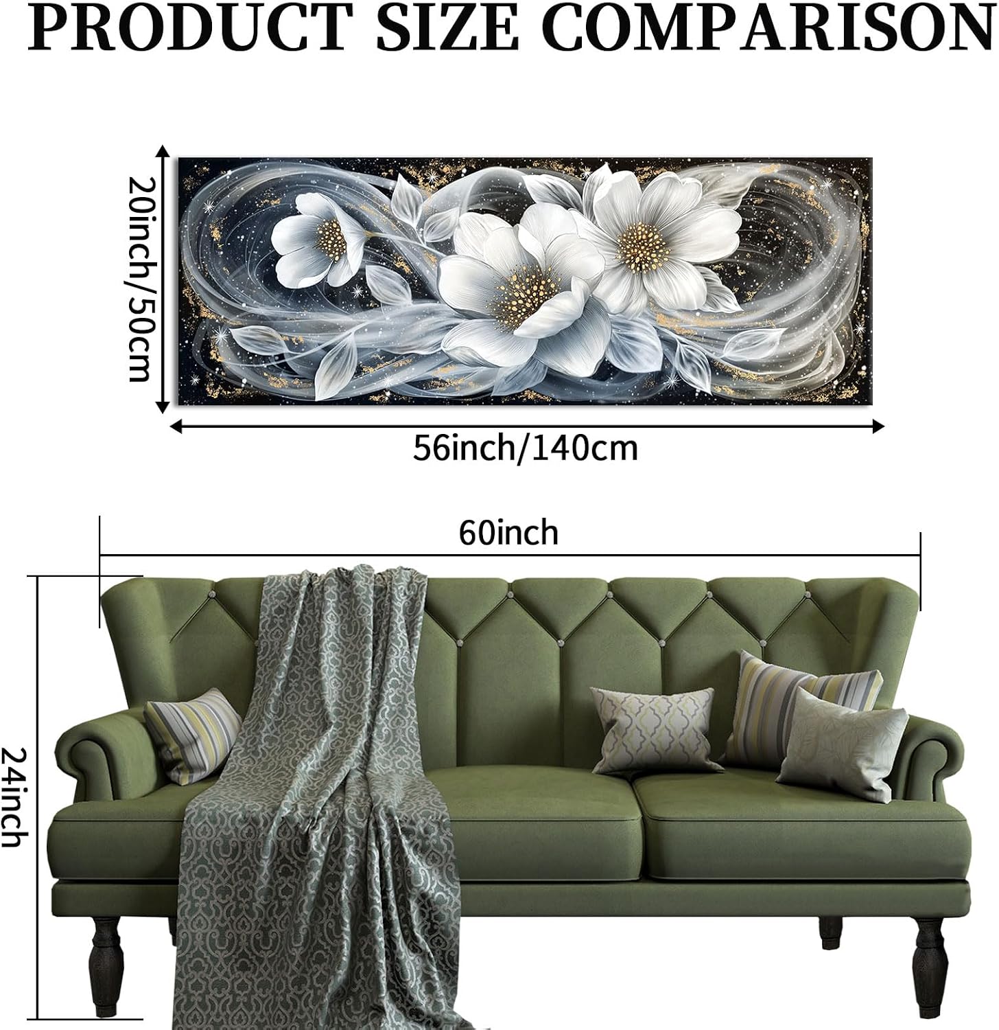 VANSEEING Wall Art for Living Room Black and White Magnolia Flower Art Canvas Prints Abstract Floral Painting Pictures Modern Large Artwork Wall Decor for Bedroom Home Office 20x55 inch
