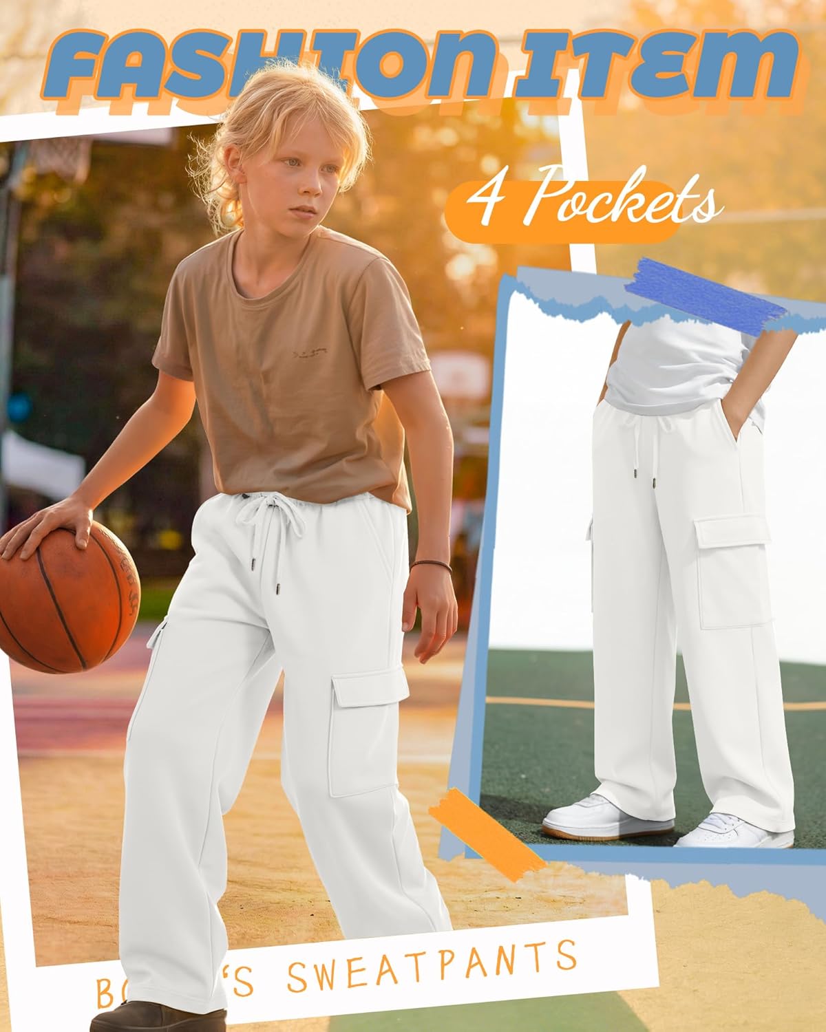 Boys' Cargo Sweatpants Baggy Wide Leg Elastic Waist Open Bottom Casual Pants Workout Active Joggers with 4 Pockets
