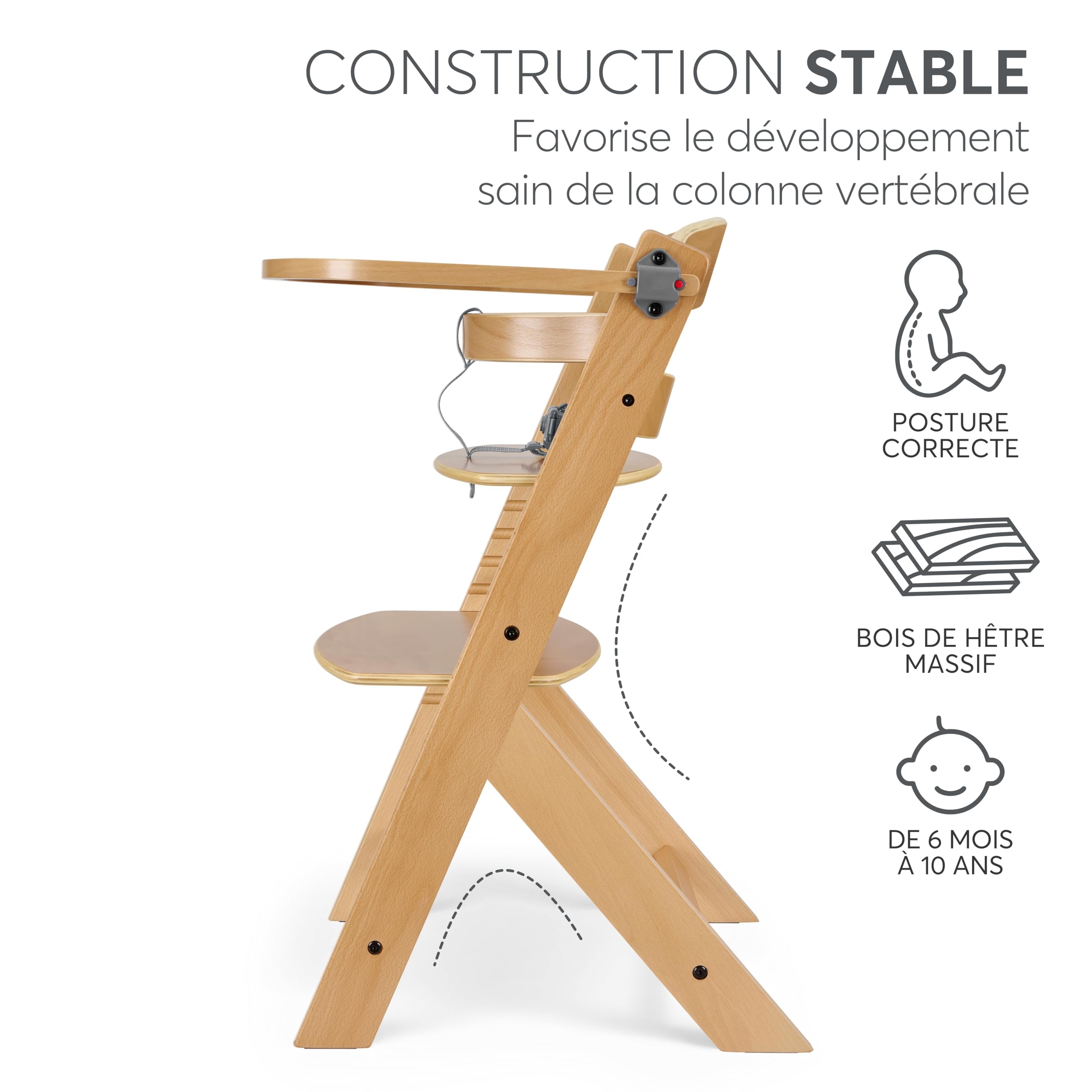 KikkaBoo Chaise Haute Bébé Évolutive en Bois NORDY, Bois de Hêtre, Réglable jusqu’à 35 kg, Plateau Amovible, Siège et Repose-Pieds Réglables, Harnais 3 Points, Bois