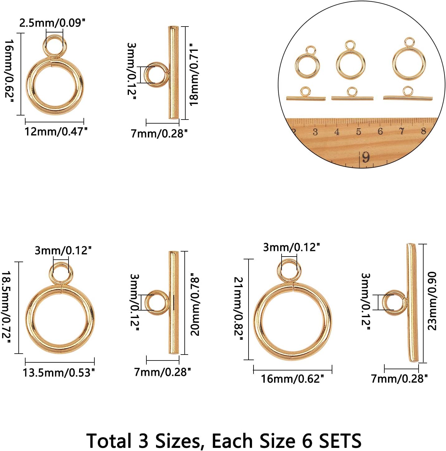 UNICRAFTALE about 3 Sizes Stainless Steel Toggle Clasps 18 Sets Bar and Ring Clasps Golden Bracelet End Clasps Connectors for Bracelet Necklace Jewelry Components Making - Image 4
