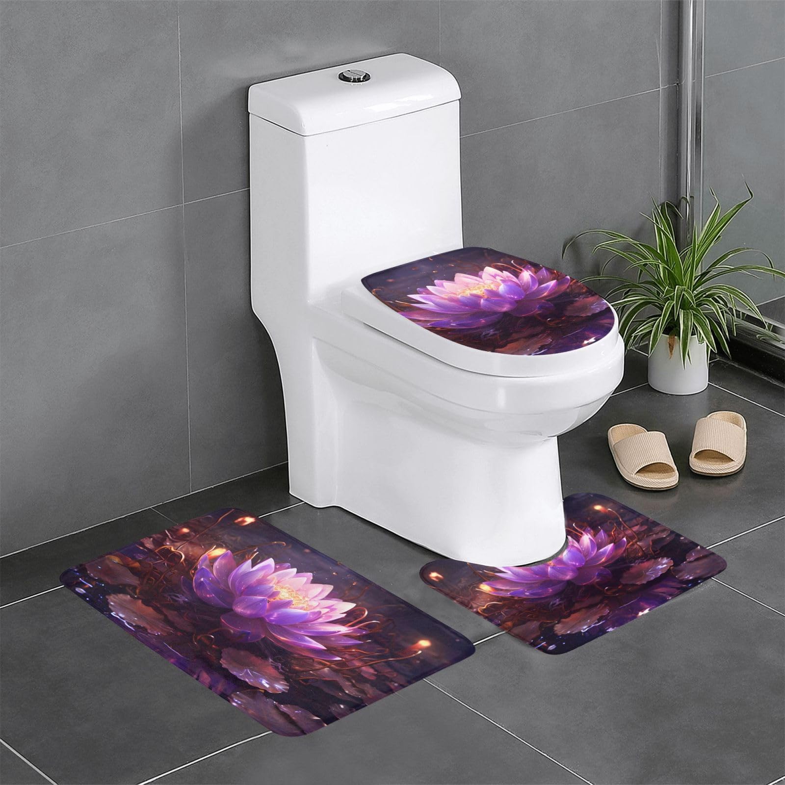 Tapis de salle de bain antidérapants lotus violet : lot de 3 pour toilettes et coiffeuse