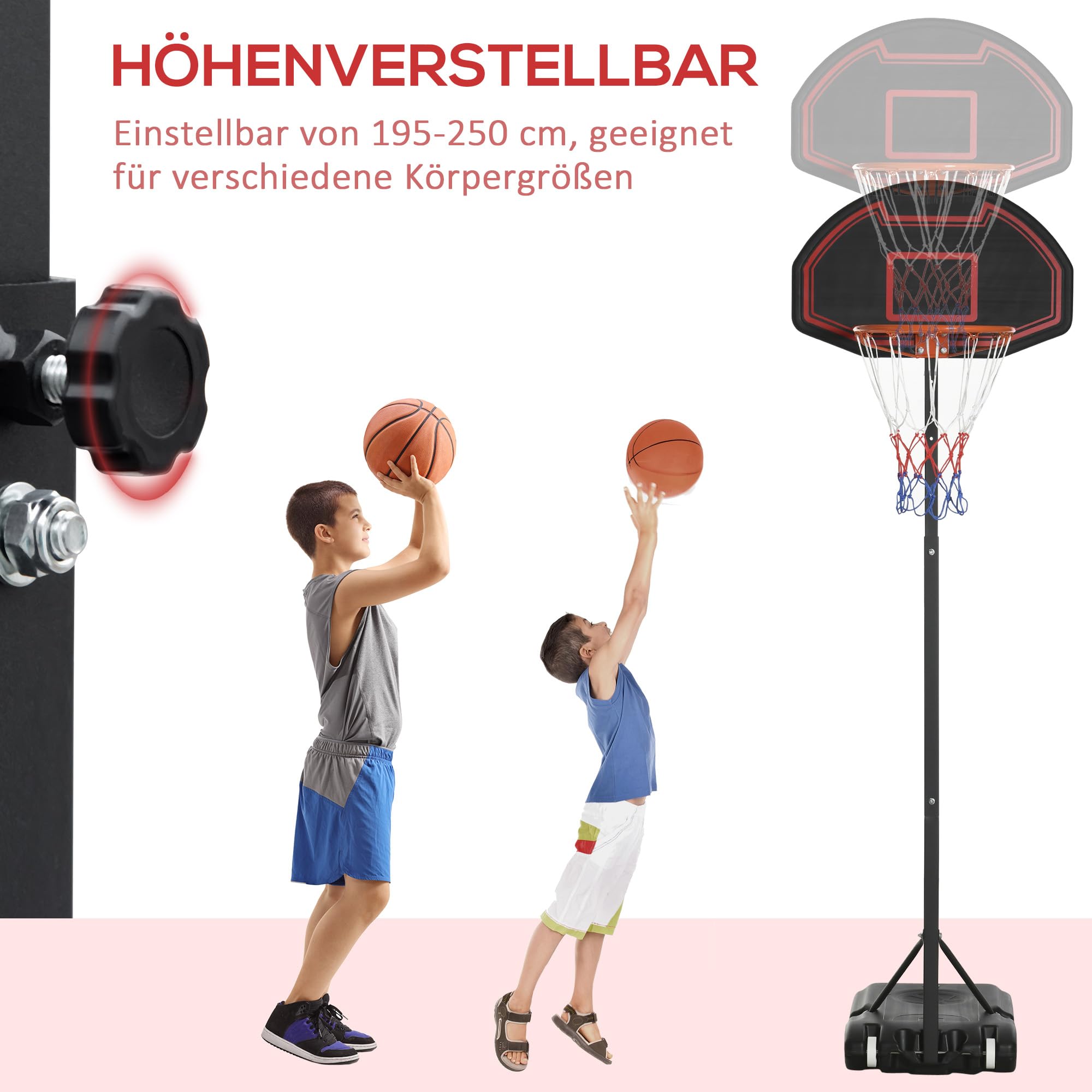 HOMCOM Basketballkorb Outdoor 155–210cm Höhenverstellbar Basketball-Backboard Ständer mit Rädern Basketballkorb mit Ständer geeignet für 8-14 Jahre Kunststoff Stahl Schwarz